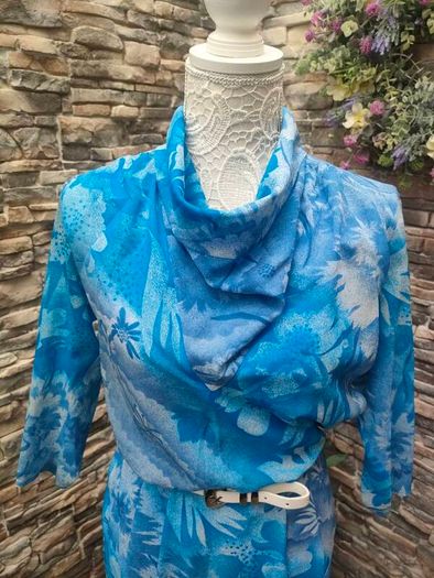 Vintage 80s blue floral midi dress size Small Cowl neckline Postage included