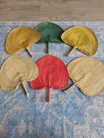Set of 6 Vintage Handwoven Palm Leaf Fans Asian Handmade Boho Wall Decor
