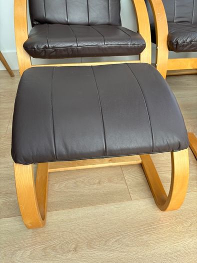Set of 2 Brown leather and wood Bent Wood Easy Chairs and matching footstools