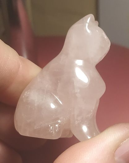 Carved Cat Figurine in Rose Quartz Stone