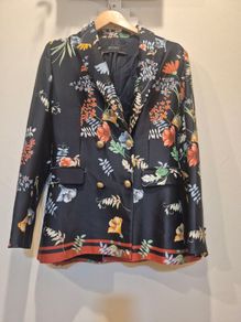 Vintage Zara Oriental Flower Print Navy Silk Jacket