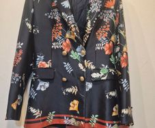 Vintage Zara Oriental Flower Print Navy Silk Jacket