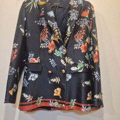 Vintage Zara Oriental Flower Print Navy Silk Jacket