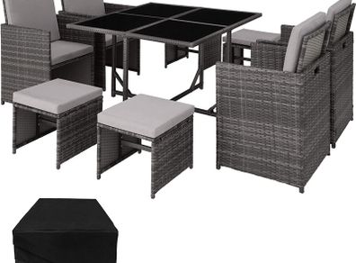Poly Rattan Cube Set Including Protective Cover and Stainless Steel Screws 4 Chairs 1 Table 4 Stools Various Colours