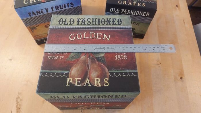 Fabulous Set of Three Large Graduated Stackable Nesting Storage Boxes by Quality Manufacturer Bob's Boxes/Lang Paper Co. with "Fancy Fruits" Artwork by Kimberly Poloson