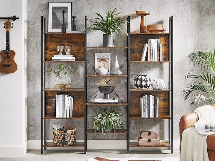 _Bookcase Ladder Shelf 14 Shelves Metal Frame Living Room Study Office Industrial Design 158 x 24 x 166 cm Vintage Brown/Black