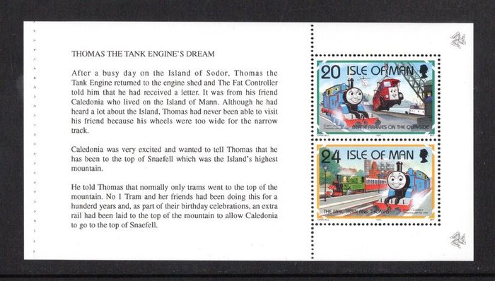 1995 Isle of Man 50th Anniversary of Thomas The Tank Engine Stories by Reverend Awdry Commemorative Stamps Booklet Pane (6) Mint Never Hinged (MNH)