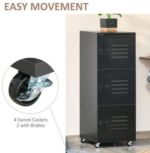 Vertical Rolling Storage Cabinet 3-Tier Mobile File Cabinet on Wheels Metal Doors