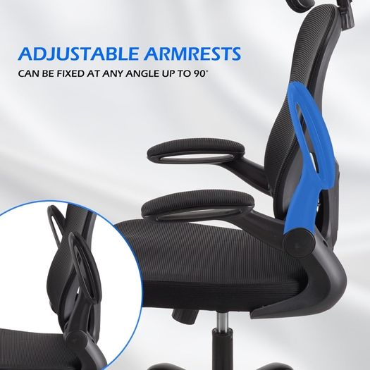 Adjustable headrest office chair, high-back ergonomic computer swivel seat with lumbar support, height adjustment, 360 rotation, tilt function, and 90 flip-up armrests for home office