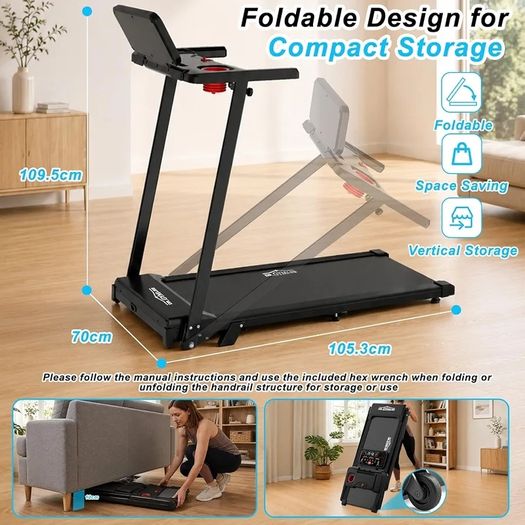 6 in 1 Treadmill with 3 percent to15 percent Incline, Under Desk Walking Pad, 1 12 km h HP Motor 8 Point Shock Absorption, 15 cm Adjustable Handlebar, LED Display, Remote Control, 130 kg Max