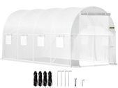 Walk-in Tunnel Greenhouse, 15 x 7 x 7 ft Portable Plant Hot House with Galvanized Steel Hoops, 1 Top Beam, 2 x Diagonal Poles, 2 Zippered Doors & 8 Roll-up Windows, White