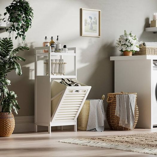Bamboo Tilt Out Hamper, Bathroom Laundry Cabinet with Hidden Foldable Basket, Freestanding Clothes Storage Organizer with Storage Shelf, White