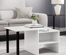 FREE P&P Industrial Coffee Table High Gloss Vintage Wooden and Metal Living Room Coffee Table with Storage Shelf Accent Furniture (White and Black)