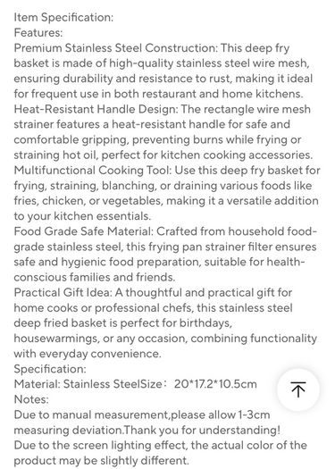 Stainless Steel Fryer Frying Basket Rectangle Wire Mesh Strainer with Long Handle Frying Cooking Tool Kitchen Cooking Tool for 6L fryer