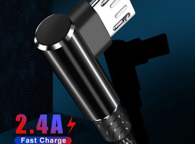 Micro USB Cable 2.4A Fast Charging 90 Degree Elbow: 2m Grey
