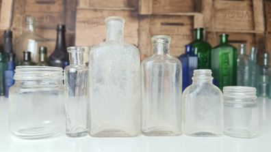 470 - Set of 6 Vintage Clear Glass Cork Screw Top Collectible Decorative Bottles