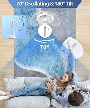 Portable Foldable Standing Fan - 8.6" 8000mAh Rechargeable Oscillating | 4-speed 22dB Silent Fan with Remote. USB Telescopic 3.5" Collapsible Design for Bedroom, Travel, Cruise & Camping.