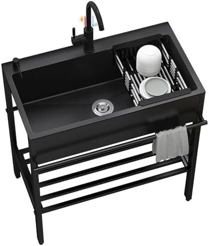Stainless Steel Washing Sink Hand Wash Sink Commercial Kitchen with Tap for Shop Kitchen Garage Garden 80cm Black