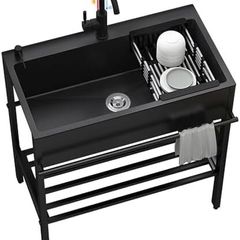 Stainless Steel Washing Sink Hand Wash Sink Commercial Kitchen with Tap for Shop Kitchen Garage Garden 80cm Black