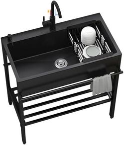 Stainless Steel Washing Sink Hand Wash Sink Commercial Kitchen with Tap for Shop Kitchen Garage Garden 80cm Black