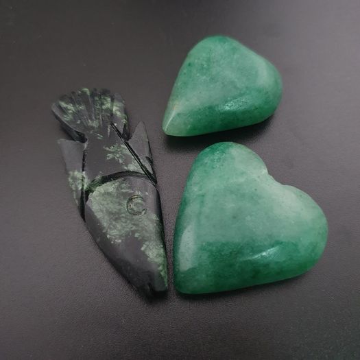 Lot Of 3 Vintage Jade one Fish shape two Green heart Shape Pendants