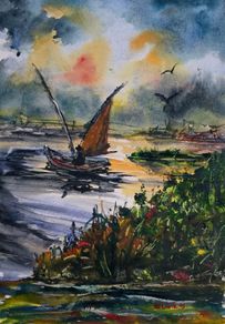 fishing sundown watercolour
