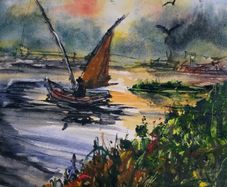 fishing sundown watercolour