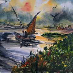 fishing sundown watercolour