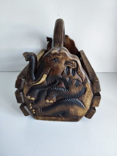 Vintage wooden box magazine holder Elephants relievo sculpture animals
