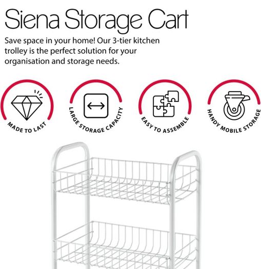Service Trolley Siena with 3 Stages, Metal, White, 23 x 41 x 63 cm (FREE POSTAGE)