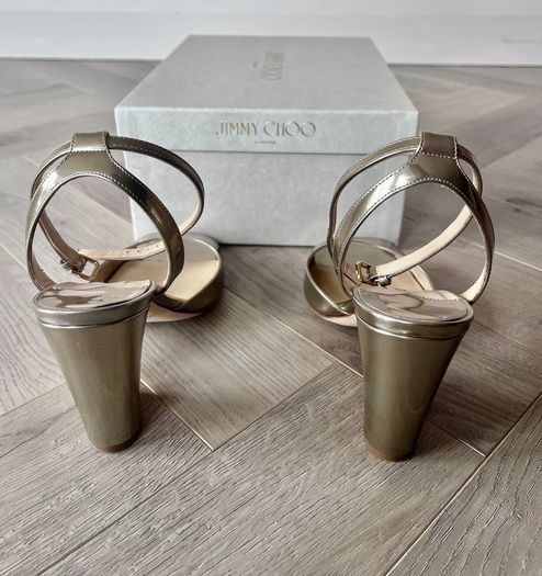 Jimmy Choo Miranda 85 Gold Metallic Block Heels Size 37 - Box Inc.
