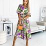 Green & Purple Floral Short Sleeve Belted Side Split Midi Dress Image 2
