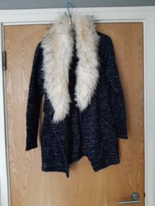 River  Island  Long Cardigan/Jacket with Faux  Fur  Collar. S.10