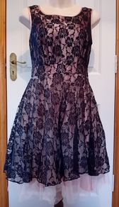 Occasion Dress, black lace over dusty pink satin