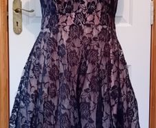 Occasion Dress, black lace over dusty pink satin