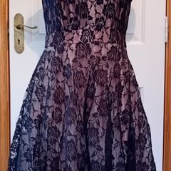 Occasion Dress, black lace over dusty pink satin
