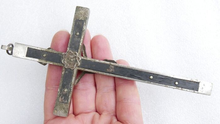 Antique Large Golgotha Crucifix Cross 6.5" Metal Ebony Wood German Skull Bones