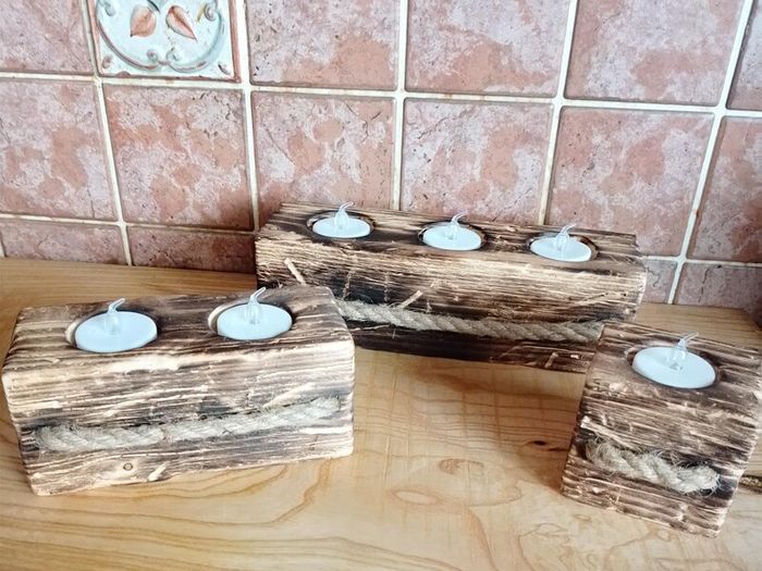 Tealight Holders Handmade From Reclaimed Wood, Shou Sugi Ban Set (+ 6 LED Lights)6
