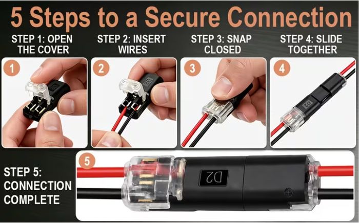 120pcs Double Wire Plug-In Connectors, 2-Pin Low Voltage Quick Connectors with Locking Buckle, No-Stripping Connectors for 18-22 AWG LED Strip, Speaker Wire, Wiring