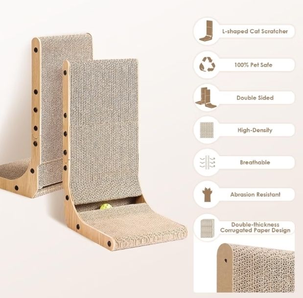 L Shape Vertical Cat Scratcher with Ball Toy, 68cm High, Brown  Stand Up Cardboard Cat Scratcher, Scratching Board for Indoor Cats, Protecting Furniture Scratch Pad