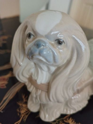 Vintage Pekinkese Dog and Flower Cart Figurine by Porceval.