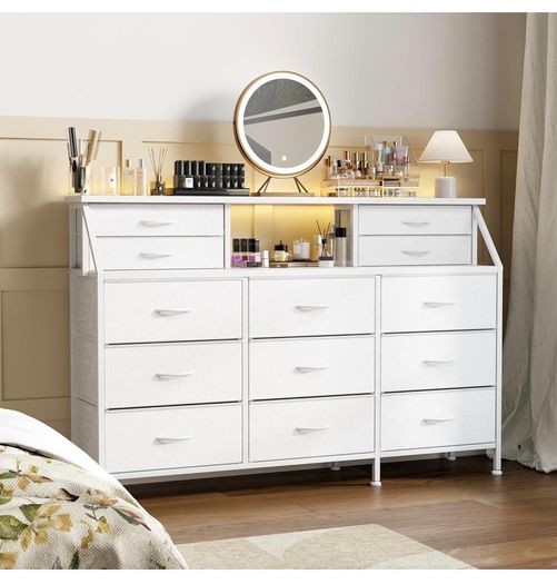 Dresser for Bedroom with 13 Drawers, 55 Wide Chest of Drawers, Fabric Dresser with 2 Wooden Shelves