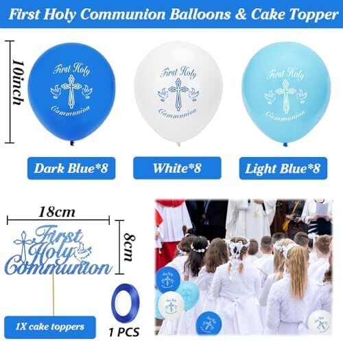 Holy Communion Decorations, First Communion Decorations Confirmation Decor,Blue Banner Pennant Bunting,Balloons,Cake Topper for Boys Christening Gifts