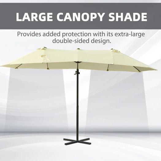 Double Parasol Patio Umbrella Garden Sun Shade w/ Steel Pole 12 Support Ribs Crank Handle Easy Lift Twin Canopy - Beige
