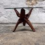 Mid-century Modern Accent Table Carved From Solid Teak With Interlocking Legs & Glass Top Image 4