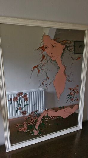 Vintage 1970s Susan Obrant Screen-Printed Mirror - Retro Art Nouveau Style Boho Wall Art