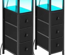 Slim Bedside Table Set of 2 with Charging Station, Narrow Side Table with LED Lights, Small Sofa Table with 3 Fabric Drawers, Nightstand for Small Spaces, Living Room, Black