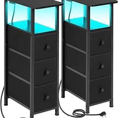 Slim Bedside Table Set of 2 with Charging Station, Narrow Side Table with LED Lights, Small Sofa Table with 3 Fabric Drawers, Nightstand for Small Spaces, Living Room, Black