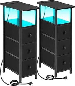 Slim Bedside Table Set of 2 with Charging Station, Narrow Side Table with LED Lights, Small Sofa Table with 3 Fabric Drawers, Nightstand for Small Spaces, Living Room, Black