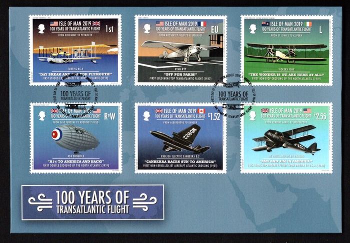 2019 Isle of Man 100 Year of Transatlantic Flight Commemorative Stamps First Day Cover (FDC)